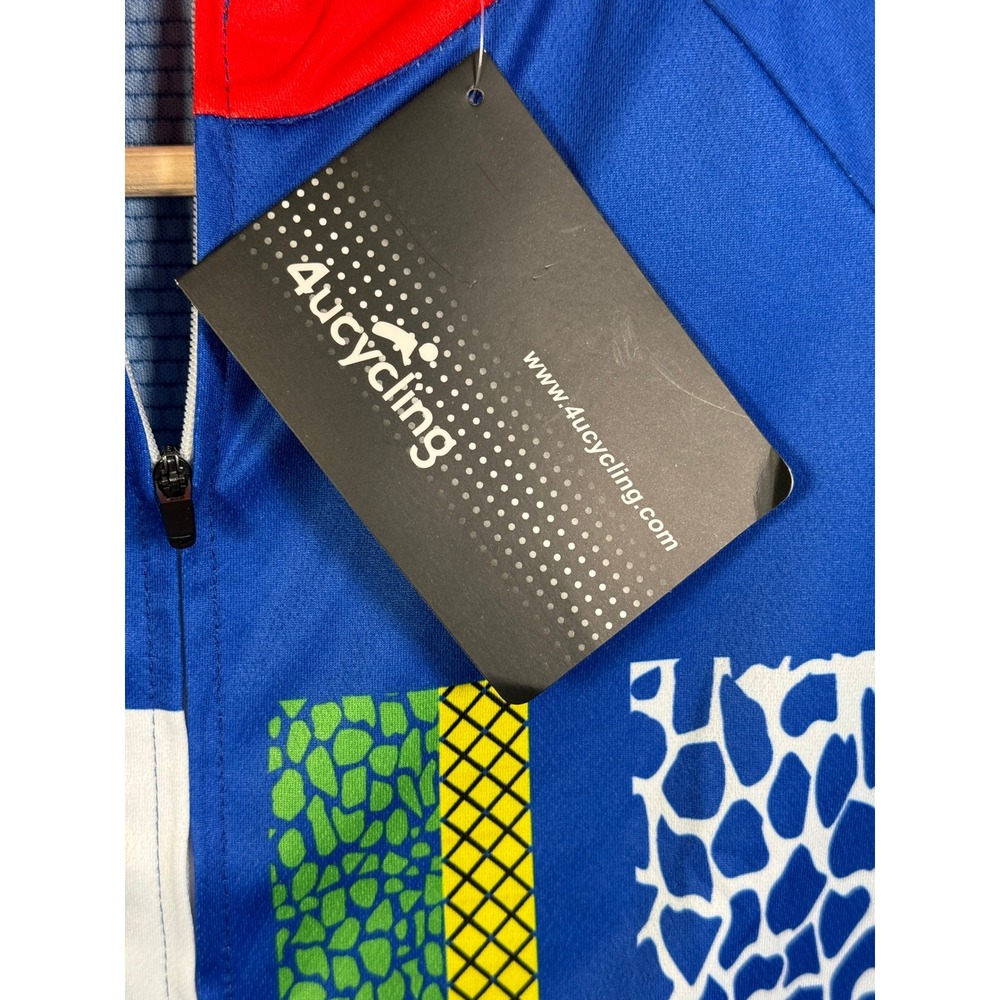 4ucycling Mens Short Sleeve Cycling Jersey Blue Geometric Animal Print Large NWT - Picture 2 of 8